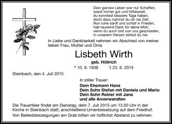 Traueranzeige von Lisbeth Wirth von Frankenpost