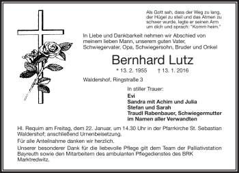 Traueranzeige von Bernhard Lutz von Frankenpost
