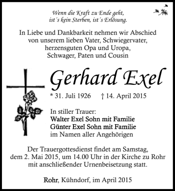 Traueranzeige von Gerhard Exel von Südthüringer Presse