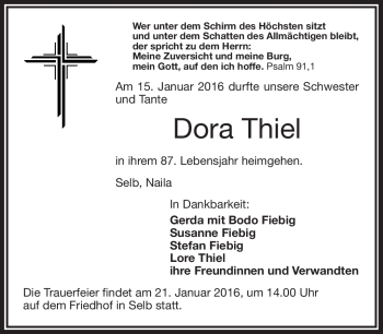 Traueranzeige von Dora Thiel von Frankenpost