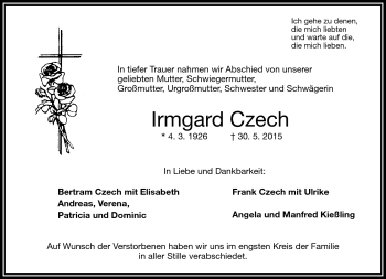 Traueranzeige von Irmgard Czech von Frankenpost