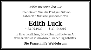Traueranzeige von Edith Luck von Südthüringer Presse