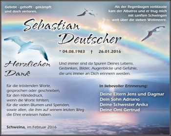 Traueranzeige von Sebastian Deutscher von Südthüringer Presse