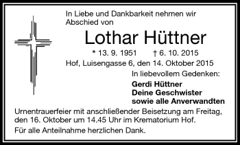 Traueranzeige von Lothar Hüttner von Frankenpost