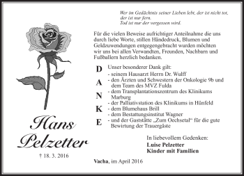 Traueranzeige von Hans Pelzetter von Südthüringer Presse