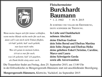 Traueranzeige von Burckhardt Baumann von Südthüringer Presse