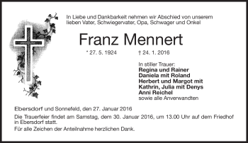 Traueranzeige von Franz Mennert von Neue Presse Coburg