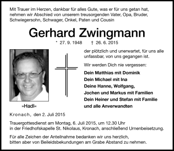 Traueranzeige von Gerhard Zwingmann von Neue Presse Coburg