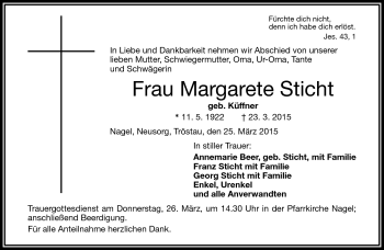 Traueranzeige von Margarete Sticht von Frankenpost