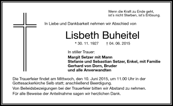 Traueranzeige von Lisbeth Buheitel von Frankenpost