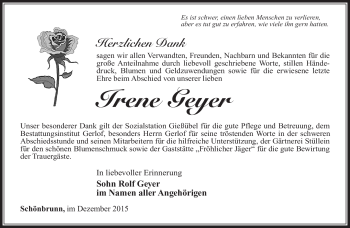Traueranzeige von Irene Geyer von Südthüringer Presse