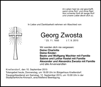 Traueranzeige von Georg Zwosta von Neue Presse Coburg