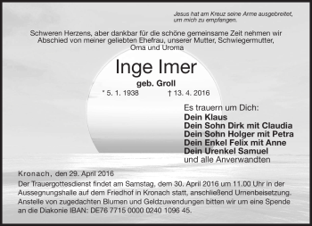 Traueranzeige von Inge Imer von Neue Presse Coburg