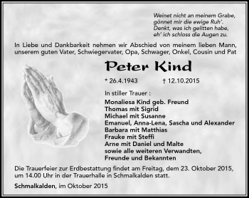 Traueranzeige von Peter Kind von Südthüringer Presse