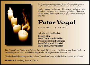 Traueranzeige von Peter Vogel von Südthüringer Presse