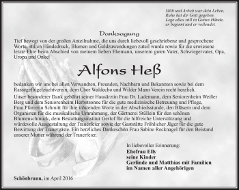 Traueranzeige von Alfons Heß von Südthüringer Presse