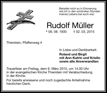 Traueranzeige von Rudolf Müller von Frankenpost