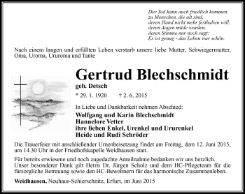 Traueranzeige von Gertrud Blechschmidt von Südthüringer Presse