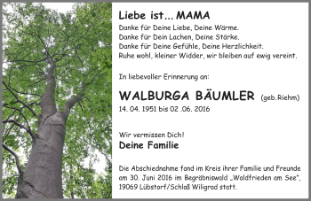Traueranzeige von Walburge Bäumler von Südthüringer Presse