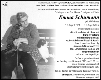 Traueranzeige von Emma Schumann von Südthüringer Presse