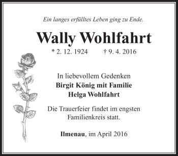 Traueranzeige von Wally Wohlfahrt von Südthüringer Presse