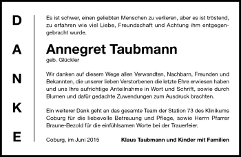 Traueranzeige von Annegret Taubmann von Neue Presse Coburg