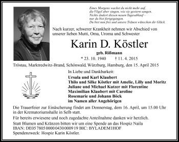 Traueranzeige von Karin D Köstler von Frankenpost