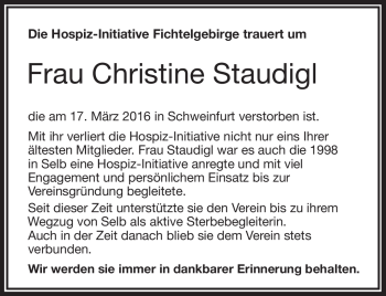 Traueranzeige von Christine Staudigl von Frankenpost