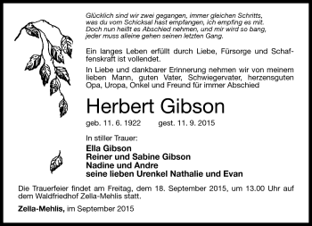 Traueranzeige von Herbert Gibson von Südthüringer Presse