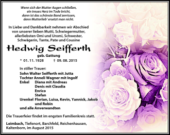 Traueranzeige von Hedwig Seifferth von Südthüringer Presse
