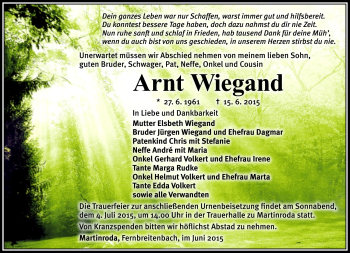 Traueranzeige von Arnt Wiegand von Südthüringer Presse