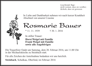 Traueranzeige von Rosemarie Bauer von Südthüringer Presse