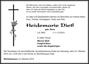 Traueranzeige von heidemarie Dietl von Südthüringer Presse