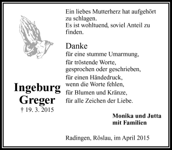 Traueranzeige von Ingeburg Greger von Frankenpost