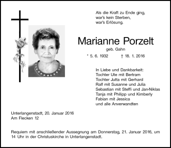 Traueranzeige von Marianne Porzelt von Neue Presse Coburg