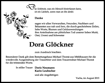 Traueranzeige von Dora Glöckner von Südthüringer Presse