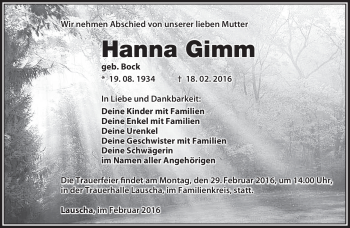 Traueranzeige von Hanna Gimm von Südthüringer Presse