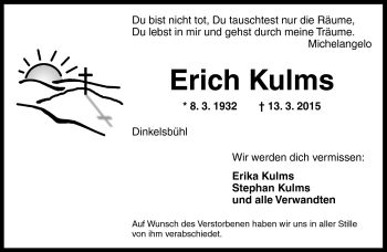 Traueranzeige von Erich Kulms von Südthüringer Presse