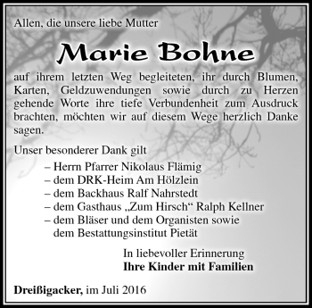 Traueranzeige von Marie Bohne von Südthüringer Presse