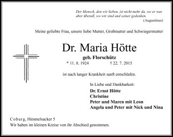 Traueranzeige von Maria Hötte von Neue Presse Coburg