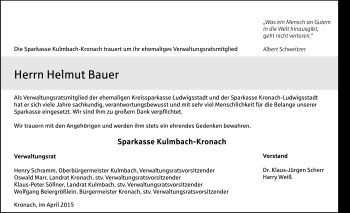 Traueranzeige von Helmut Bauer von Frankenpost