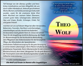 Traueranzeige von Theo Wolf von Südthüringer Presse