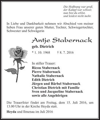 Traueranzeige von Antje Stabernack von Südthüringer Presse