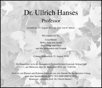 Traueranzeige von Ullrich Hanses von Neue Presse Coburg