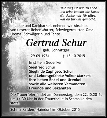 Traueranzeige von Gertrud Schur von Südthüringer Presse