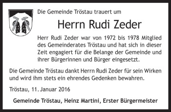 Traueranzeige von Rudi Zeder von Frankenpost