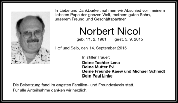Traueranzeige von Norbert Nicol von Frankenpost