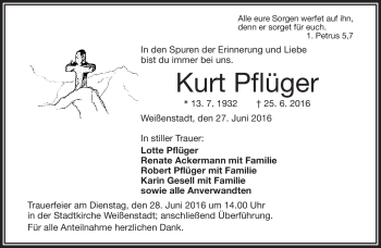 Traueranzeige von Kurt Pflüger von Frankenpost