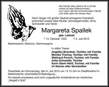 Traueranzeige von Margareta Spallek von Frankenpost