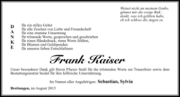Traueranzeige von Frank Kaiser von Südthüringer Presse
